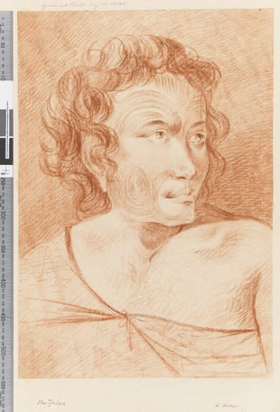 Página 32b Nova Zelândia Retrato de um maori, 1768-75 (giz vermelho) de William Hodges