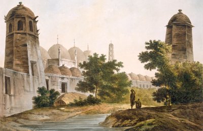 Pl. 41 Uma visão do Cuttera construído por Jaffeir Cawn em Muxadavad, de &39;Select Views in India&39;, pub. 1785-88 (gravura colorida com aquatint) de William Hodges