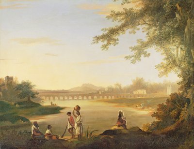 A ponte de Marmalong, com um Sepoy e nativos em primeiro plano, c.1783 de William Hodges