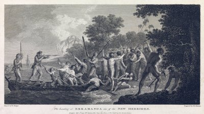 Desembarque em Erramanga (ou Eromanga), uma das ilhas de Vanuatu (antigas Novas Hébridas, arquipélago do Oceano Pacífico), mostrando a tripulação de uma canoa a lutar com guerreiros da ilha de William Hodges
