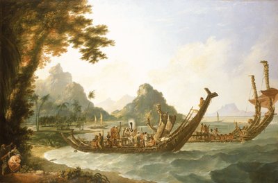 Os barcos de guerra da ilha de Otaheite (Tahiti) e das Ilhas da Sociedade, com vista para parte do porto de Ohaneneno, na ilha de Ulieta, uma das Ilhas da Sociedade de William Hodges