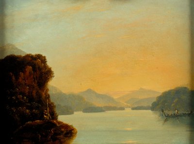 Vista em Dusky Bay com uma canoa Maori de William Hodges