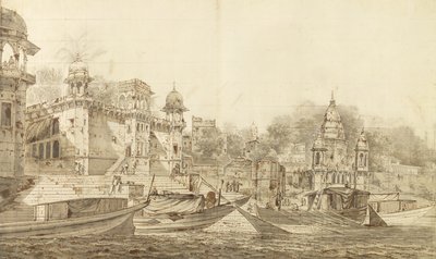 Vista da parte da cidade de Benares, c.1781 (lavagem cinza com pincel und tinta sobre lápis sobre papel colocado no monte de lavagem) de William Hodges