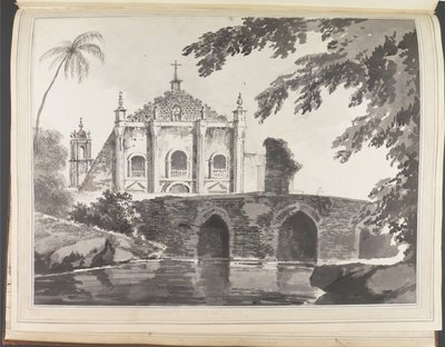 Vista de uma ponte e de uma igreja cristã de William Hodges