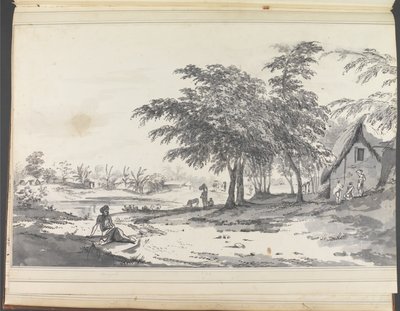 Vista de uma aldeia indígena com um homem sentado em primeiro plano de William Hodges