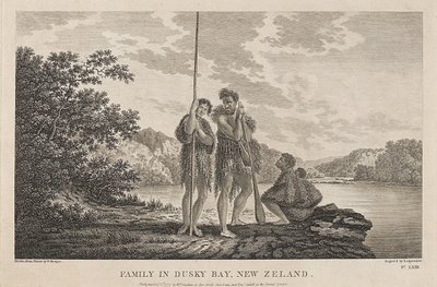 Vista da Baía das Ilhas (Dusky Bay) (Nova Zelândia), com uma família Maori. Gravura (33,9x47,1 cm) a partir de um desenho de William Hodges (1744-1797), cerca de 1785. de William Hodges