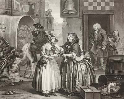 O progresso de uma prostituta - O caminho de uma prostituta, Folha 1: Chegada em Londres. 1732 de William Hogarth