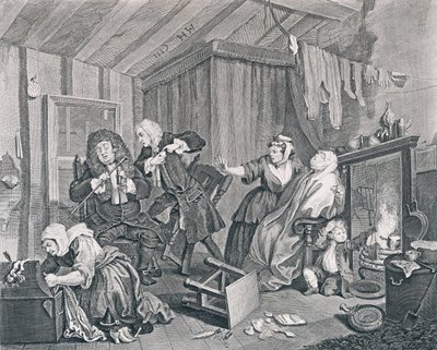 Progresso de uma prostituta, placa cinco: expira enquanto os doutores estão disputando, 1732 (gravura e gravação) de William Hogarth