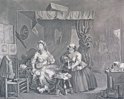 Progresso de uma prostituta, Placa Três: Preso por um magistrado, 1732 (gravura e gravura) de William Hogarth