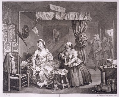 Progresso de uma prostituta, prato III, de "As obras originais e genuínas de William Hogarth", publicado em Londres, 1820-22 de William Hogarth