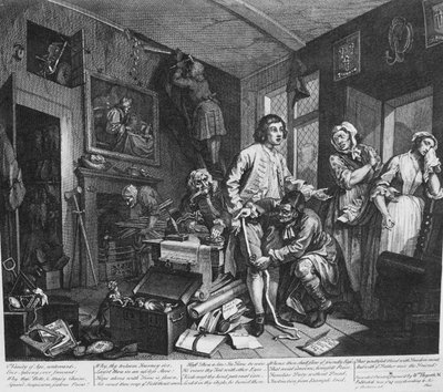 Progresso de um ancinho, Placa 1, O jovem herdeiro toma posse dos efeitos do avarento de William Hogarth