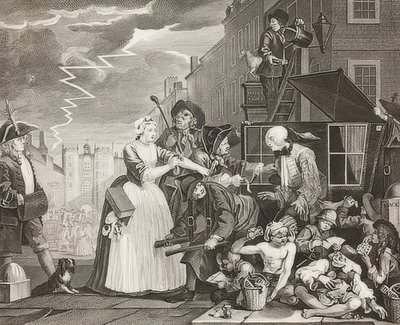 O progresso de um ancinho, ilustração 4: O ancinho preso, indo a tribunal, folha 4: Tom Rakewell preso e salvo. 1735 de William Hogarth