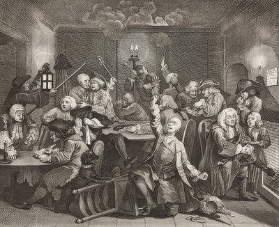 O progresso de um Rake, ilustração 6: O rake em uma casa de jogos - Folha 6: Tom Rakewell em um salão de jogos. 1735 de William Hogarth