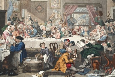 Um entretenimento da eleição, ilustração de "Hogarth restaurado: Todo obras do célebre William Hogarth, re-gravado por Thomas Cook", pub. 1812 (gravura colorida à mão) de William Hogarth