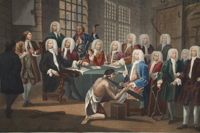 Bambridge em julgamento por homicídio por uma comissão da Câmara dos Comuns, ilustração de "Hogarth Restored": The Whole Works of the celebrated William Hogarth, reengravado por Thomas Cook