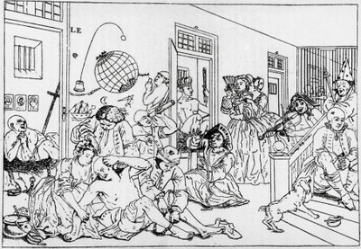 Instituição mental Bedlam, gravura do progresso da série rake, de William Hogarth (1697-1764) de William Hogarth