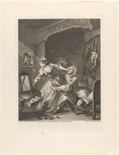 "Antes da" Homem puxa uma mulher relutante para ele em um quarto antes (título no objeto) Antes e depois (título da série) Antes e depois (título da série) de William Hogarth