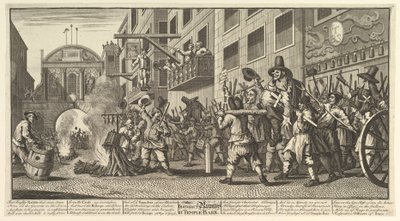 Queimando as protuberâncias na barra do templo Doze grandes ilustrações para Samuel Butlers Hudibra ..., 1725-68. de William Hogarth