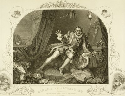 David Garrick (1717-79) como Richard III, Act V Scene 3, na peça de William Shakespeare (1564-1616) gravada por Portbury de William Hogarth