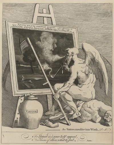 O deus do tempo fuma uma pintura (Time Smoking a Picture). 1761 de William Hogarth