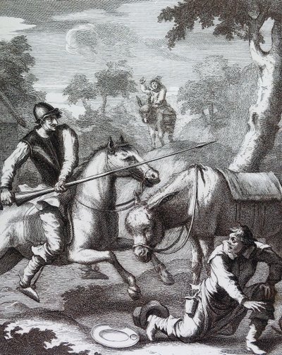 Dom Quixote apodera-se do balão do barbeiro para comprar o capacete de Mambrino". de William Hogarth