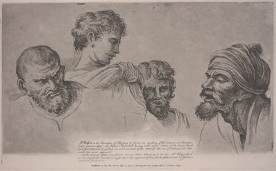 Quatro cabeças dos desenhos animados de Raphael em Hampton Court, c.1729 (gravura) de William Hogarth