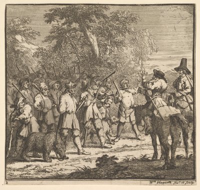 Primeira Aventura de Hudibras Dezessete Ilustrações Pequenas para Samuel Butlers Hudibras, n ..., 1721-26. de William Hogarth