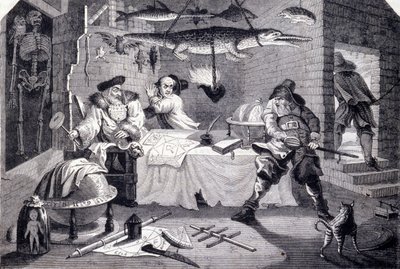 Hudribas ataca o astrólogo Sidrophel e o seu criado Whacum. Gravura de William Hogarth (1697-1764) para o poema "Hubridas" de Samuel Butler (século XVII). Por volta de 1725 de William Hogarth