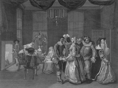 Vista interior, de, somerset, casa, mostrando, figuras, vestido, para, um, mascarada, 1805 de William Hogarth