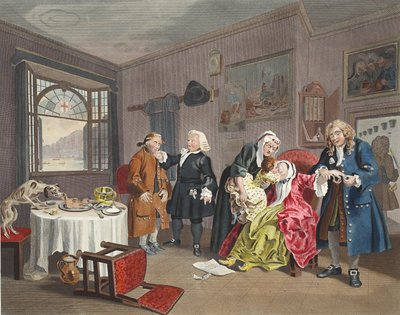 Casamento à la Mode, Prato VI, Morte da Senhora, ilustração de &39;Hogarth Restaurado: As Obras Completas do célebre William Hogarth, re-gravado por Thomas Cook&39;, pub. 1812 (gravura colorida à mão) de William Hogarth