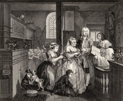 Casado com uma velha empregada doméstica, placa V de &39;A Rake&39;s Progress&39;, de &39;The Works of William Hogarth&39;, publicado em 1833 de William Hogarth