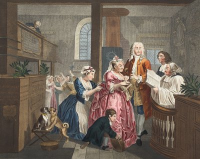 Casado com uma velha empregada doméstica, placa V de &39;A Rake&39;s Progress&39;, ilustração de &39;Hogarth restaurado: as obras inteiras do célebre William Hogarth, re-gravado por Thomas Cook&39;, pub. 1812 (colorido à mão de William Hogarth