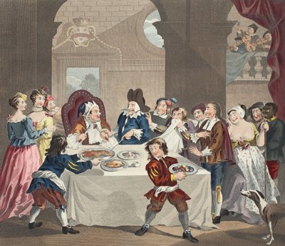 Sancho na festa Faminta por seu médico, ilustração de &39;Hogarth restaurado: as obras inteiras do célebre William Hogarth, re-gravado por Thomas Cook&39;, pub. 1812 (gravura colorida à mão) de William Hogarth