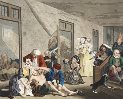 Cena em Bedlam, placa VIII, do progresso de um ancinho, ilustração de &39;Hogarth restaurado: as obras inteiras do célebre William Hogarth, re-gravado por Thomas Cook&39;, pub. 1812 (engra colorido à mão de William Hogarth