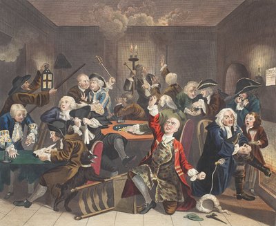 Cena em uma casa do jogo, placa VI do progresso de um ancinho, ilustração de &39;Hogarth restaurado: O trabalho inteiro do William Hogarth comemorado, re-gravado por Thomas Cook&39;, bar. 1812 (colorido à mão de William Hogarth