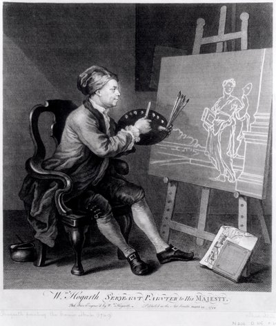 Auto-retrato Pintando a musa em quadrinhos, gravada pelo artista, pub. 1758 de William Hogarth