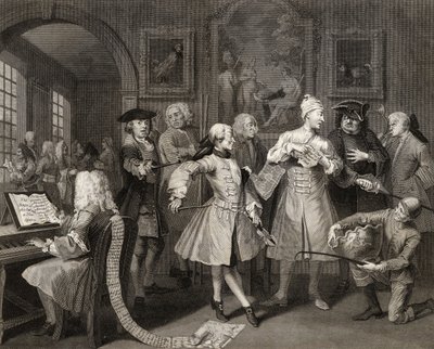 Cercado por artistas e professores, prato II de &39;A Rake&39;s Progress&39;, de &39;The Works of William Hogarth&39;, publicado em 1833 de William Hogarth