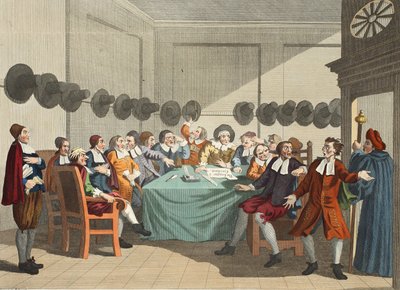 O comitê, de &39;Hudibras&39; por Samuel Butler (1612-1680), ilustração de &39;Hogarth restaurado: as obras inteiras do célebre William Hogarth, re-gravado por Thomas Cook&39;, pub. 1812 (colorido à mão de William Hogarth