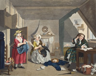 O poeta afligido, ilustração de "Hogarth restaurado: As obras inteiras do célebre William Hogarth, re-gravado por Thomas Cook", pub. 1812 (gravura colorida à mão) de William Hogarth
