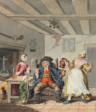 O retorno do fazendeiro, ilustração de "Hogarth restaurado: As obras inteiras do célebre William Hogarth, re-gravado por Thomas Cook", pub. 1812 (gravura colorida à mão) de William Hogarth