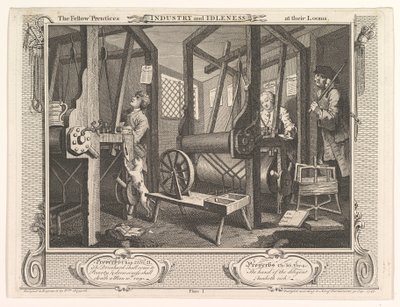 Os Companheiros Prentices em seus teares Indústria e ociosidade, placa 1, 30 de setembro de 1747. de William Hogarth