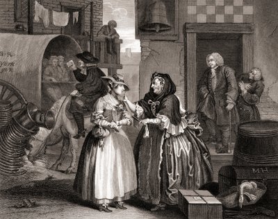 O Progresso das Prostitutas enlaçado por uma procuressa, de The Works of Hogarth, publicada em Londres, 1833 (gravura de bw) de William Hogarth