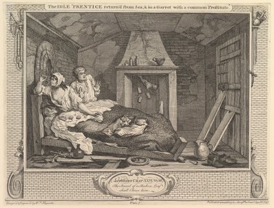 O prentice ocioso retornou do mar e em um sótão com uma prostituta comum ..., 30 de setembro de 1747. de William Hogarth