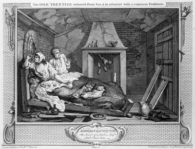 O Idle &39;Prentice Retornou do Mar, e em um Garret com uma Prostituta comum&39;, placa VII de &39;Industry and Idleness&39;, 1747 de William Hogarth
