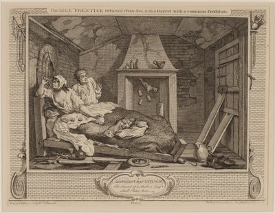 The Idle &39;Prentice retornou do mar e em um sótão com uma prostituta comum, da série "Industry and Idleness", outubro de 1747 (gravura e gravura) de William Hogarth