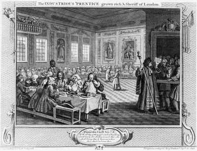 O industrioso &39;Prentice Grown Rich e Sheriff of London, prato VIII de&39; Indústria e ociosidade &39;, 1747 de William Hogarth