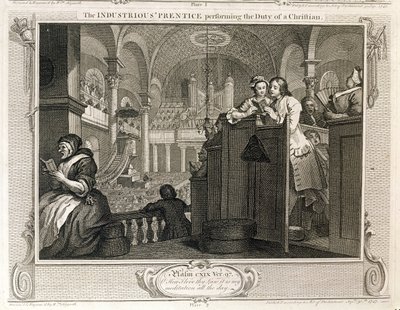 O &39;Prentice Performing the Duty of a Christian&39;, de Industrious, prato II de &39;Industry and Idleness&39;, publicado em 1833 de William Hogarth
