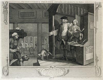 O aprendiz industrioso é um favorito e confiado por seu mestre, prato IV de "Indústria e ociosidade", publicado em 1833 de William Hogarth