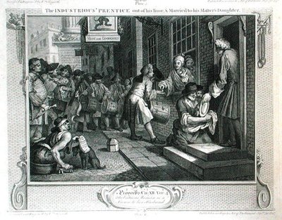 O "Prentice Industrioso do seu Tempo e Casado com a Filha do seu Mestre, placa VI de "Indústria e Ociosidade", publicado em 1833 (gravura) de William Hogarth