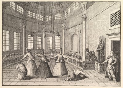 O interior de uma mesquita, os dervixes dançando Aubry de La Mottrayes Viaja através de ..., 1723-24. de William Hogarth